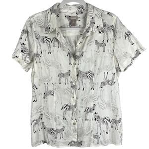 Chico's 100% Cotton Button Down Casual Cream‎ & Black Zebra Size Medium